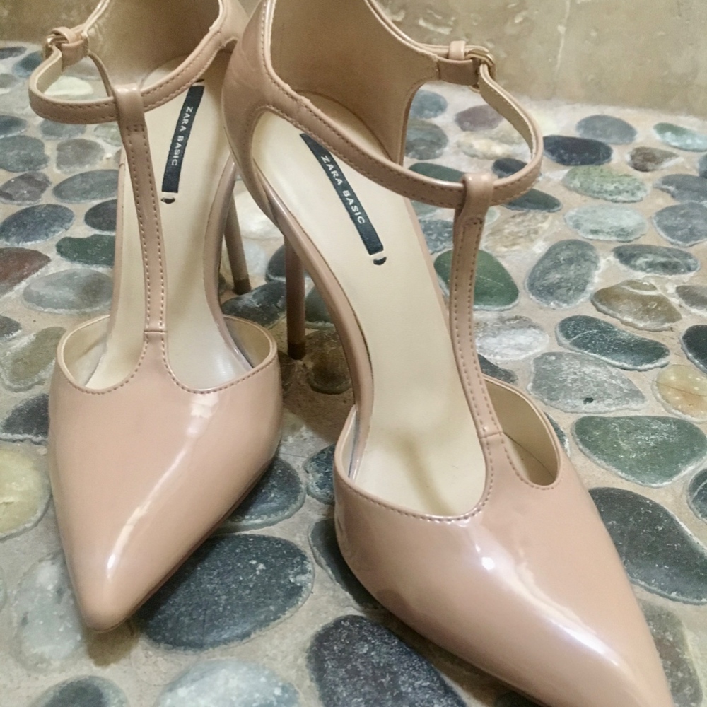 Zara T-Strap Cream Patent Pumps